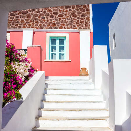 Stairs leading to colorful house on Santorini island, Greeceのeditorial素材