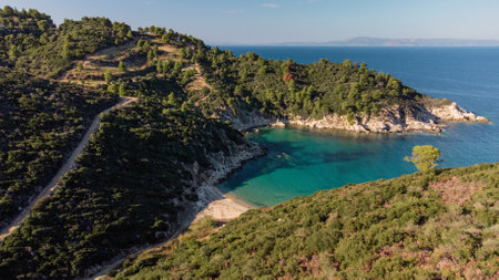 Aerial panoramic view of the beautiful beach in the shape of the heart situated in Sithonia, Halkidiki, Greeceの写真素材