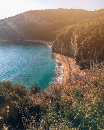Aerial view of sandy beach on the Adriatic Sea in Montenegro