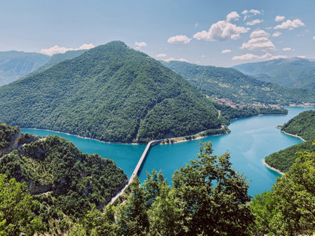 Piva lake, Montenegro. Aerial view from the top of the hill.の写真素材