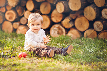 Adorable baby boy sitting on the grass and playing with red appleの写真素材