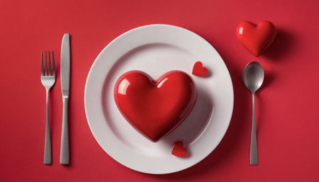 Red glossy heart on white plate with cutlery on red background. Concept of love, romance, date, Valentine dayの素材