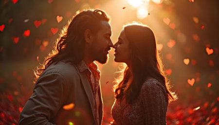 Loving couple in soft warm sunset light with floating red hearts in the air. Perfect for love-themed designs and Valentine's Dayの素材
