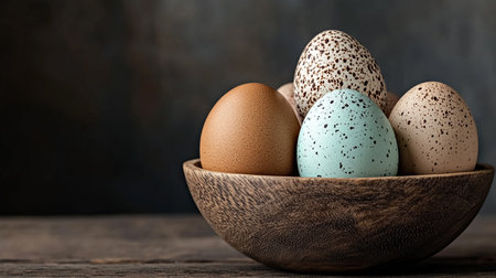 Speckled easter eggs in pastel colors in wooden bowl against dark background with copy space for text. Easter holiday conceptの素材