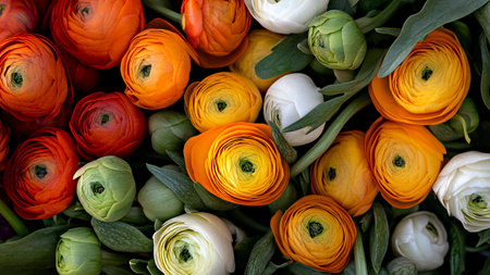 Fresh floral colorful background of white, red and orange ranunculus flowers, close-up, top viewの素材