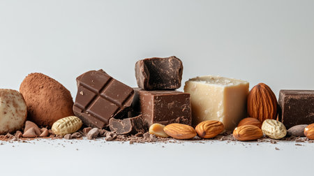 Variety of chocolate pieces, caramel, nuts, almonds, peanuts and arranged in row on white backgroundの素材