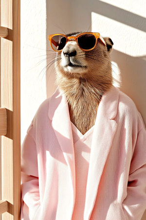 Stylish groundhog in pastel pink outfit and trendy sunglasses standing in natural sun light. Groundhog Day and spring predictionの素材
