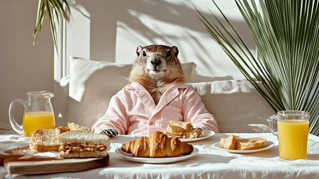 Groundhog in pink robe eating cozy breakfast at home table in sunny room. Charming morning ritual and Groundhog dayの素材