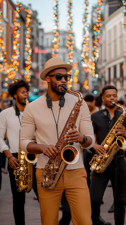Stylish African jazz musicians playing saxophones on lively street with colorful lights in festive urban settingの素材