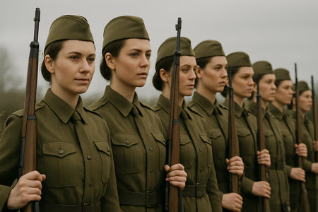 Women in military uniforms standing in line holding rifles. Group of female soldiers in uniform lined upの素材