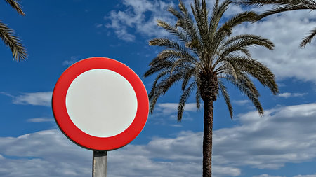 Prohibition traffic road sign indicating no entry under blue sky with palm trees in background,...