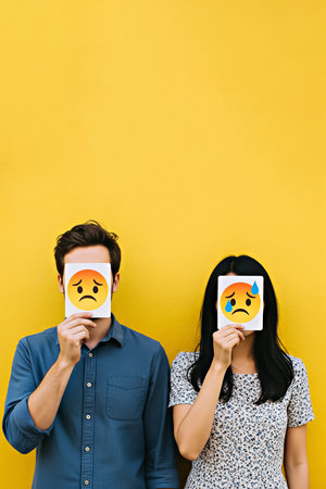 Couple hiding their faces behind crying emoji signs while standing against a vibrant yellow backdrop, expressing emotional distress and hidden feelingsの素材