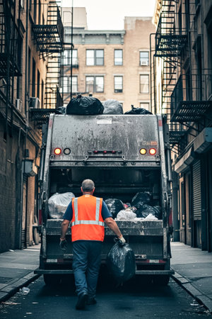 Man in orange safety vest carrying garbage bag towards back of waste truck in urban alley. City services, waste management, and sanitation conceptの素材