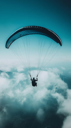 Silhouetted paraglider soaring through vast blue sky above fluffy white clouds. Extreme sports, adventure, and freedom concept.の素材