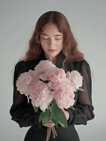 Young woman with long wavy brown hair holding bouquet of pink peonies and looking down with eyes closed on light background. Grace, natural beauty, and contemplation conceptの素材