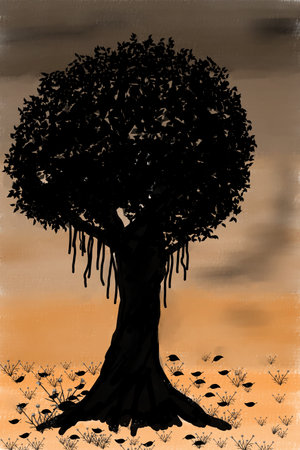 Silhouette Tree Illustration Against Sunset Backgroundの写真素材