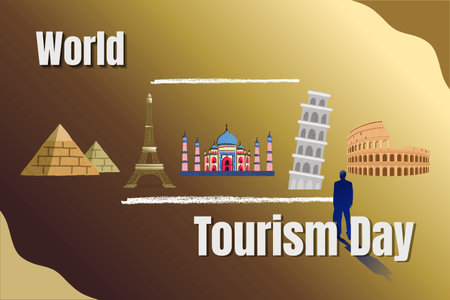 World Tourism Day Concept with Golden Gradient Background and Famous World Heritage Sitesの写真素材