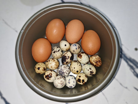 Chicken and Quail Eggs in a Silver Bowl on Marble Surface