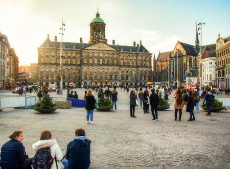 The Royal Palace Amsterdam and crowded people outside in November 7,  2017のeditorial素材