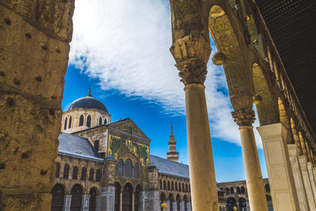 Exterior pillars and columns of Omayad mosque in ancient City of Damascus (Syrian Arab Republic)...
