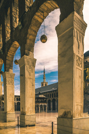 Exterior pillars and columns of Omayad mosque in ancient City of Damascus (Syrian Arab Republic) after war ended in 15.02.2020のeditorial素材