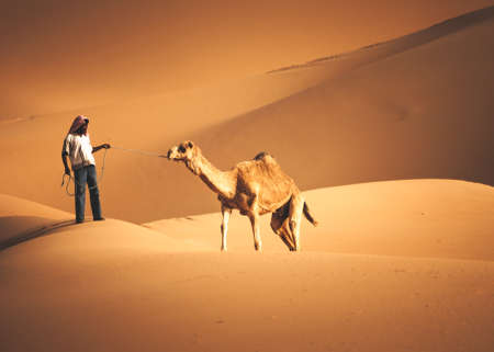 Arab Bedouin man with his camel in the Desert in Abu Dhabi western region Liwa Desert in United Arab Emirates in April 30, 2010のeditorial素材