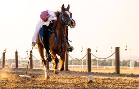 Riding arabian horsesin in Sheikh Zayed Heritage Festival, september 22, 2014 in Abu Dhab, united arab emiratesのeditorial素材
