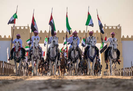Riding arabian horsesin  Sheikh Zayed Heritage Festival September 22, 2014 in Abu Dhab, United Arab Emiratesのeditorial素材