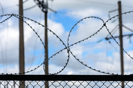 Metal fence with barbed wire against the sky.