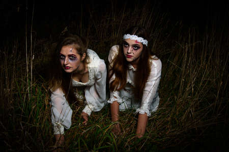 Creepy dead bride at night in a swamp. Bride girls at night. Halloween scene. High quality photoの写真素材