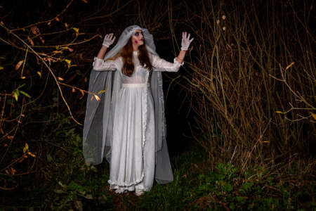 Creepy dead bride at night in a swamp. Halloween sceneの写真素材