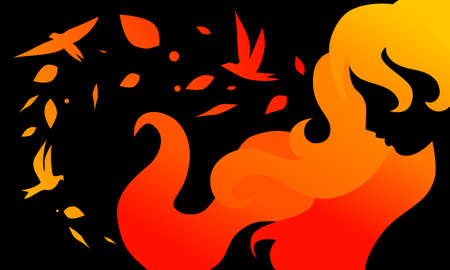 Sensual girl silhouette on black background with sunset colored hair and autumn leaves wind with birdsのイラスト素材