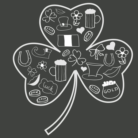 Saint Patrick s Day doodles in shape of shamrockのイラスト素材