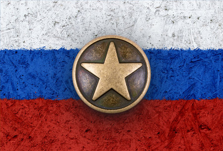 Bronze star symbol on the flag of Russia in backgroundの写真素材