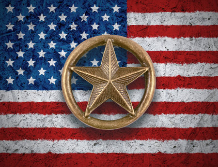 Bronze star symbol on the flag of the United States backgroundの写真素材