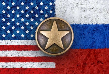 Bronze star symbol on the flags of USA and Russia in backgroundの写真素材