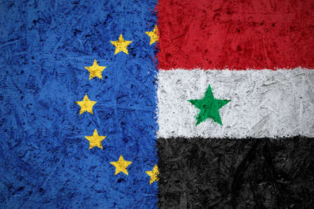 EU and Syria flags on the concrete textureの写真素材