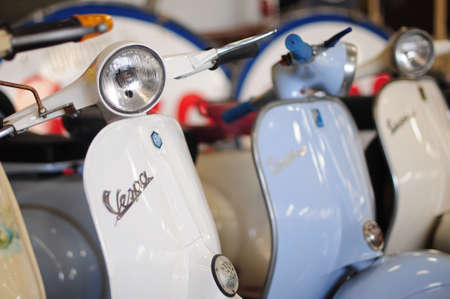 Nakornpathom, Thailand. - October 23, 2010 - Row of old and vintage Motorcycles Vespa SprintV 150 were shown in Jesada Technik Museum, Nakornchaisri, Nakornpathom, Thailand.のeditorial素材