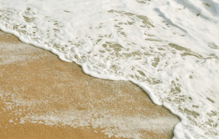 The sea foam, sea wave run over on the  beach during sunrise period.