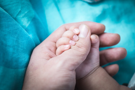 Holding Hands. hand the sleeping baby in the hand of parent close-up