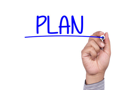 Hand writing Plan with blue marker, white background business concept