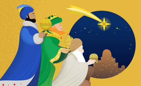Epiphany celebration flat illustration. The Three Wise Men, or Magi, or Three Kings, presenting...