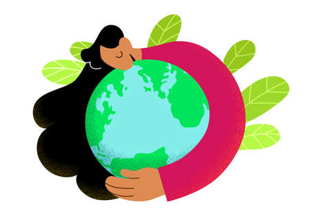Concept of environment and nature protection, ecology, eco-friendly behavior. Young woman holding and embracing the globe flat illustration.の写真素材