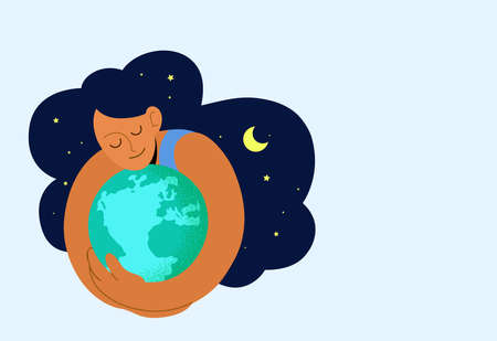 Happy Earth Day or World environment day illustration. Concept of ecology, protection of environment and nature. Woman embracing globe earth.の写真素材