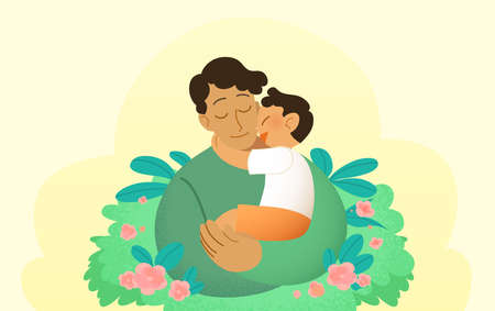Happy father's day celebration card illustration. Dark-skinned or hispanic father embracing his young son in his arms.の写真素材