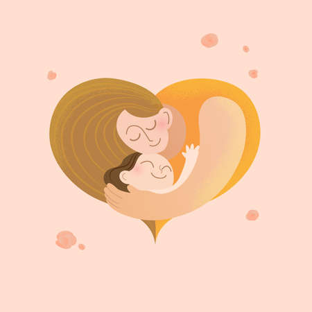 Happy mother day square card illustration, loving caucasian mother embracing her young daughter in a shape of heart,の写真素材