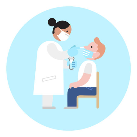 Doctor or medical worker taking a sample on a patient with cotton nasal swab to test his positivity to covid-19 or coronavirus. Flat vector icon. Pcr or antigen test icon.のイラスト素材