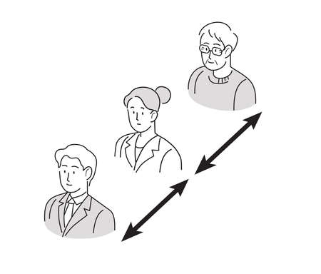 Covid19 coronavirus preventive measures line icon vector. Group of people keeping social distance or physical distance with a distance arrow between them. Queue of people line.のイラスト素材