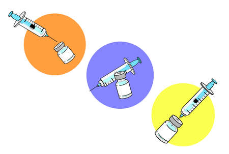 Set of three isolated syringes of vaccine with bottles of vaccine. Covid-19 international vaccination campaign icons set. Medical equipment icons. Coronavirus treatment.のイラスト素材