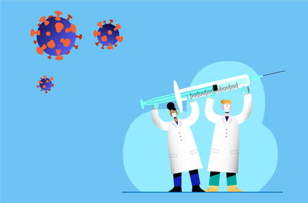 COVID-19 Coronavirus vaccination international campaign flat vector illustration. Two doctors, a man and a woman, holding together a syringe. Fighting virus with vaccinationのイラスト素材